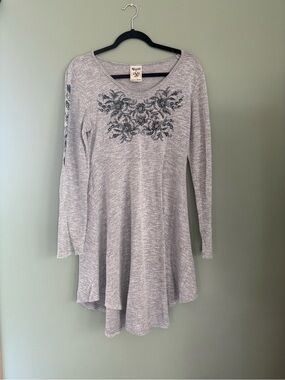 Vocal Y2K Women’s Gray Knit Scoop Neck Long Sleeve Floral Rhinestone Dress XL